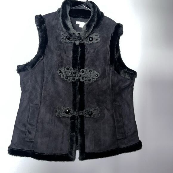 Coldwater Creek Faux Suede Faux Fur Vest L Gray Toggle Closure Winter Boho - Picture 1 of 12